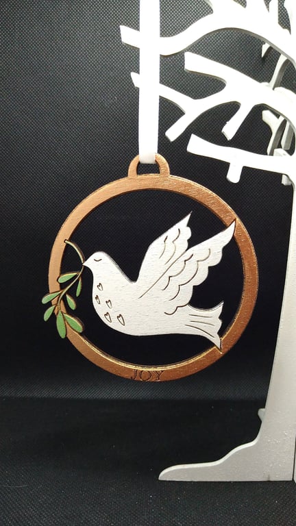 Wooden Dove and olive branch, Christmas tree decoration, hand drawn and painted