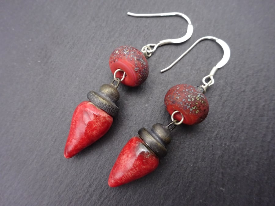 red lampwork glass and ceramic earrings