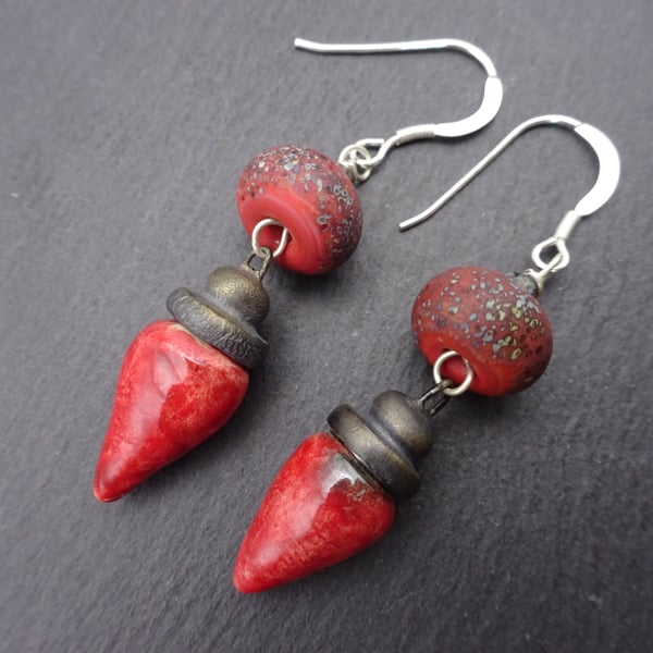 red lampwork glass and ceramic earrings