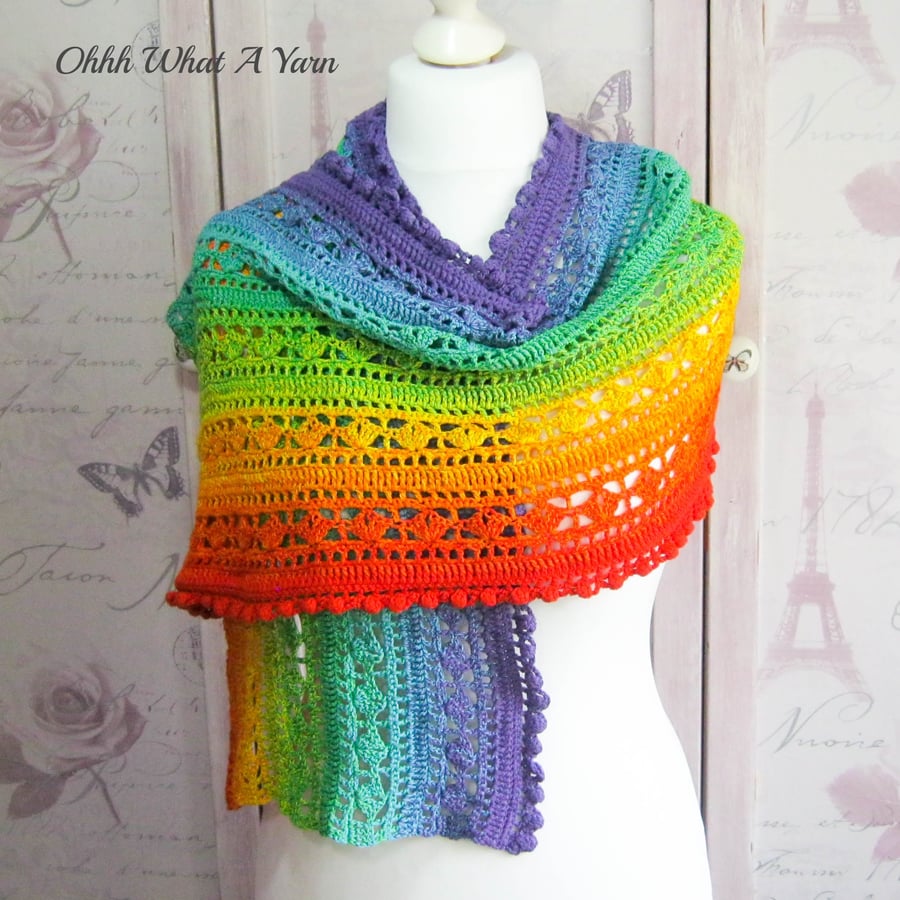 Seconds Sunday end of line. Bright rainbow 100% cotton rectangular shawl,
