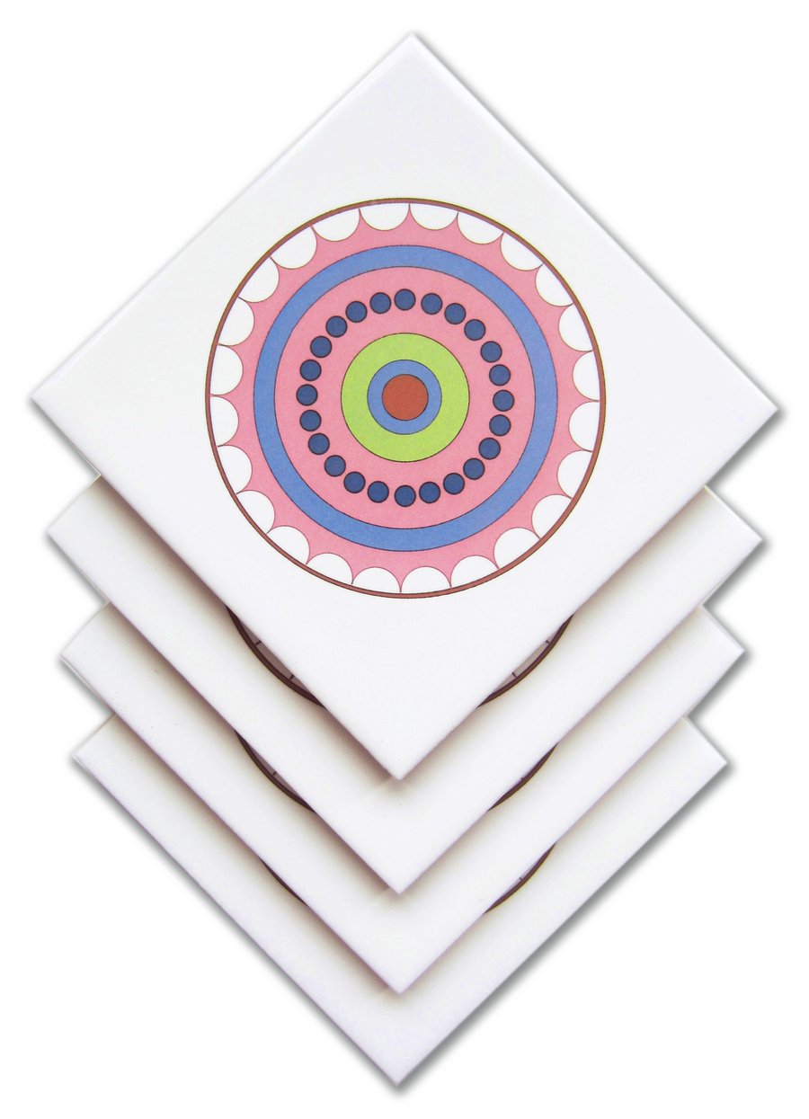 4 x Pink Circle Ceramic Tile Coasters with Cork Backing