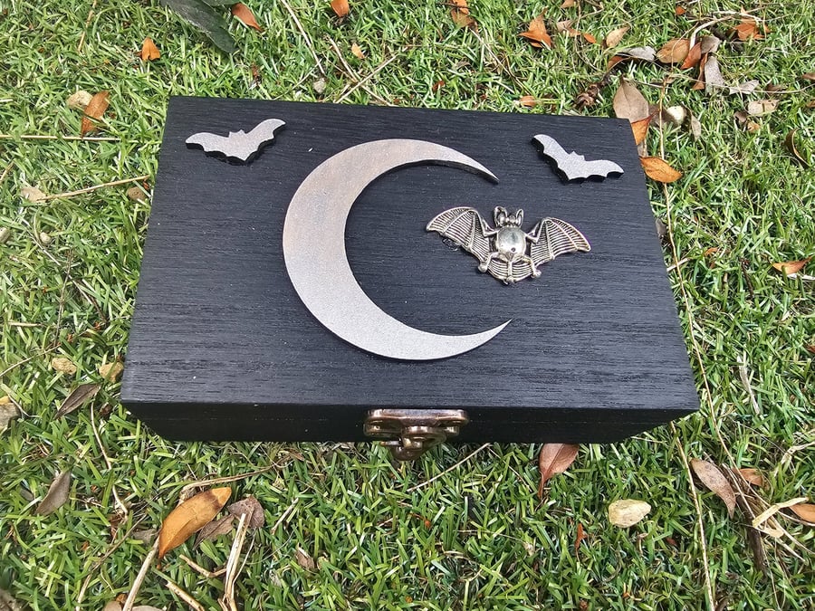 Handmade Gothic Vampire Bat, Moon and Stars Wooden Jewellery Trinket Box