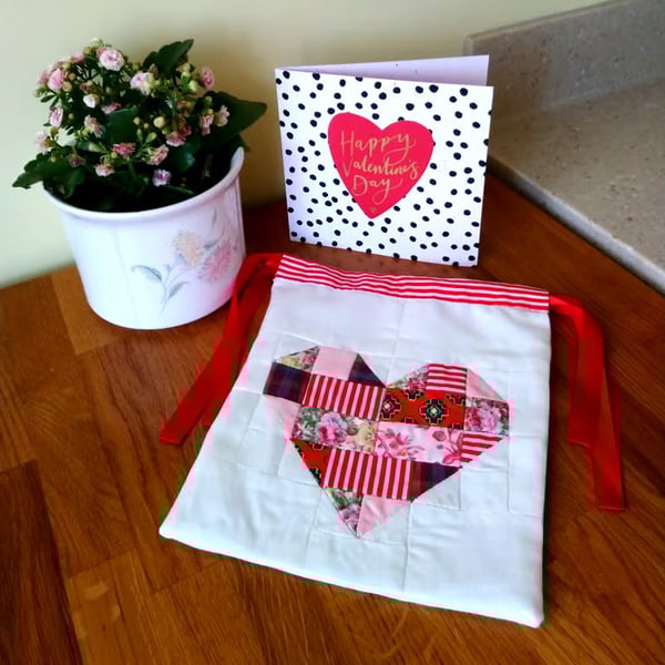 Drawstring bag with patchwork heart. Wedding, Anniversary or Valentines. 
