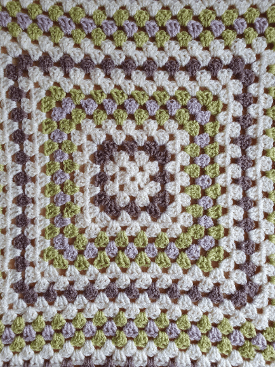 Handmade crocheted blanket, comforter in green, cream and brown