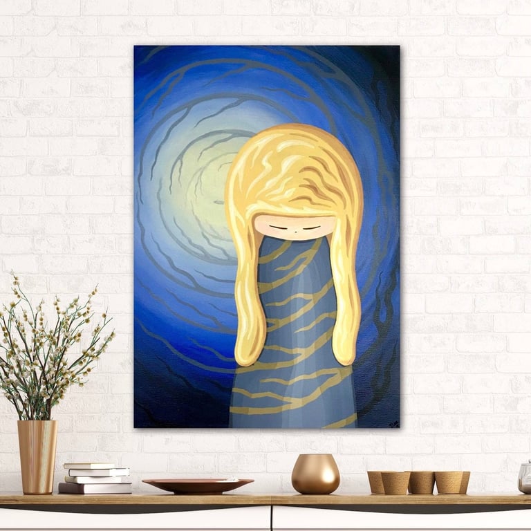 Japanese Kokeshi Doll Original Artwork, Mystic Moon Painting on Canvas