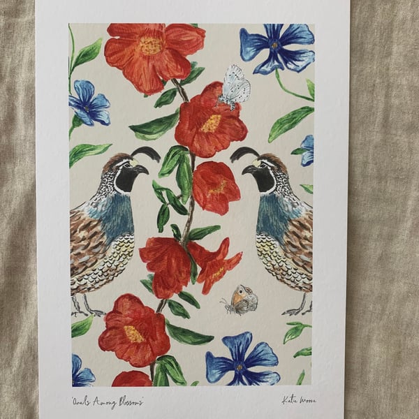 Quail's Among Blossoms A4 Eco-Friendly Art Print