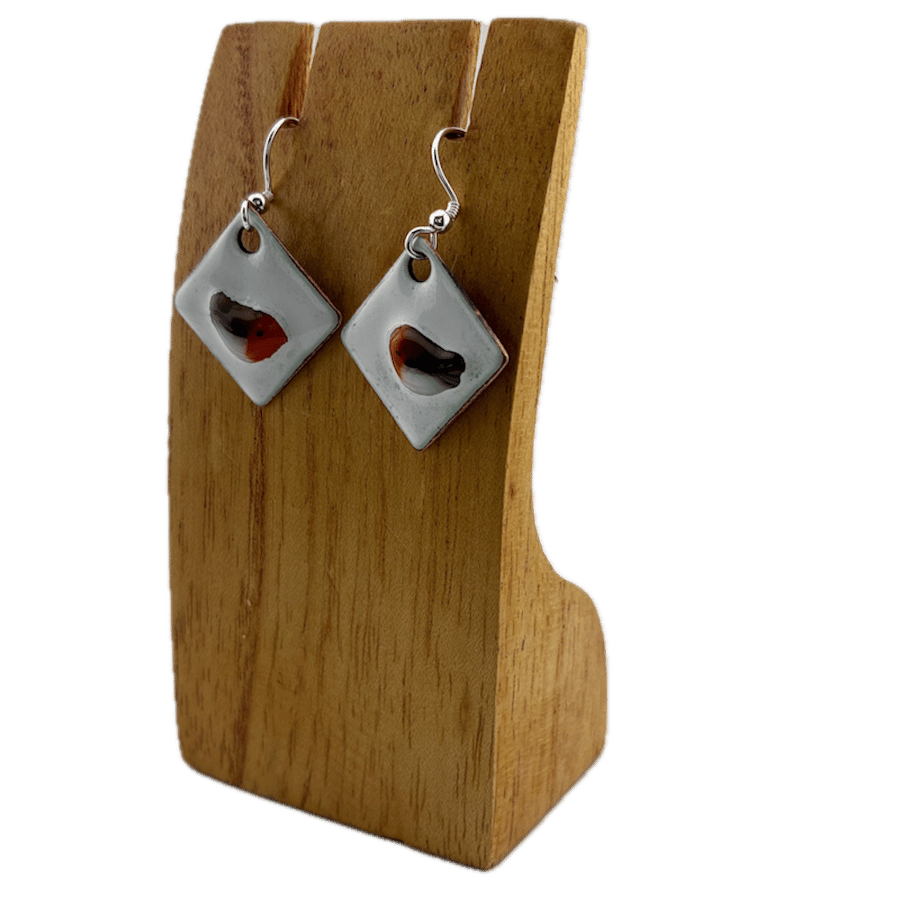 Handmade enamel and glass robin earrings on sterling silver hooks