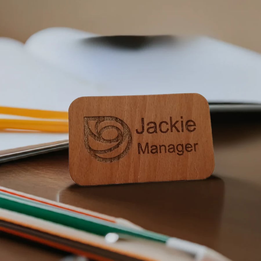 Personalised Staff ID Wood Badges. 50mm x 90mmx 4mm Pin Fastener. (5 Badges)