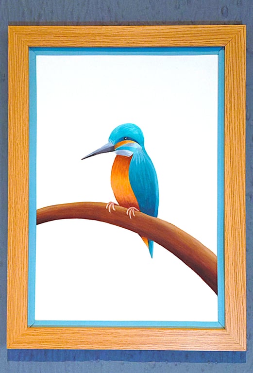 Handmade Unique Framed A3 Print Colourful Kingfisher Sky Blue Border Wallart