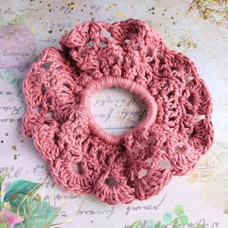 Large Hair Scrunchie, hand crocheted in soft 100% cotton yarn, Dark Rose Pink