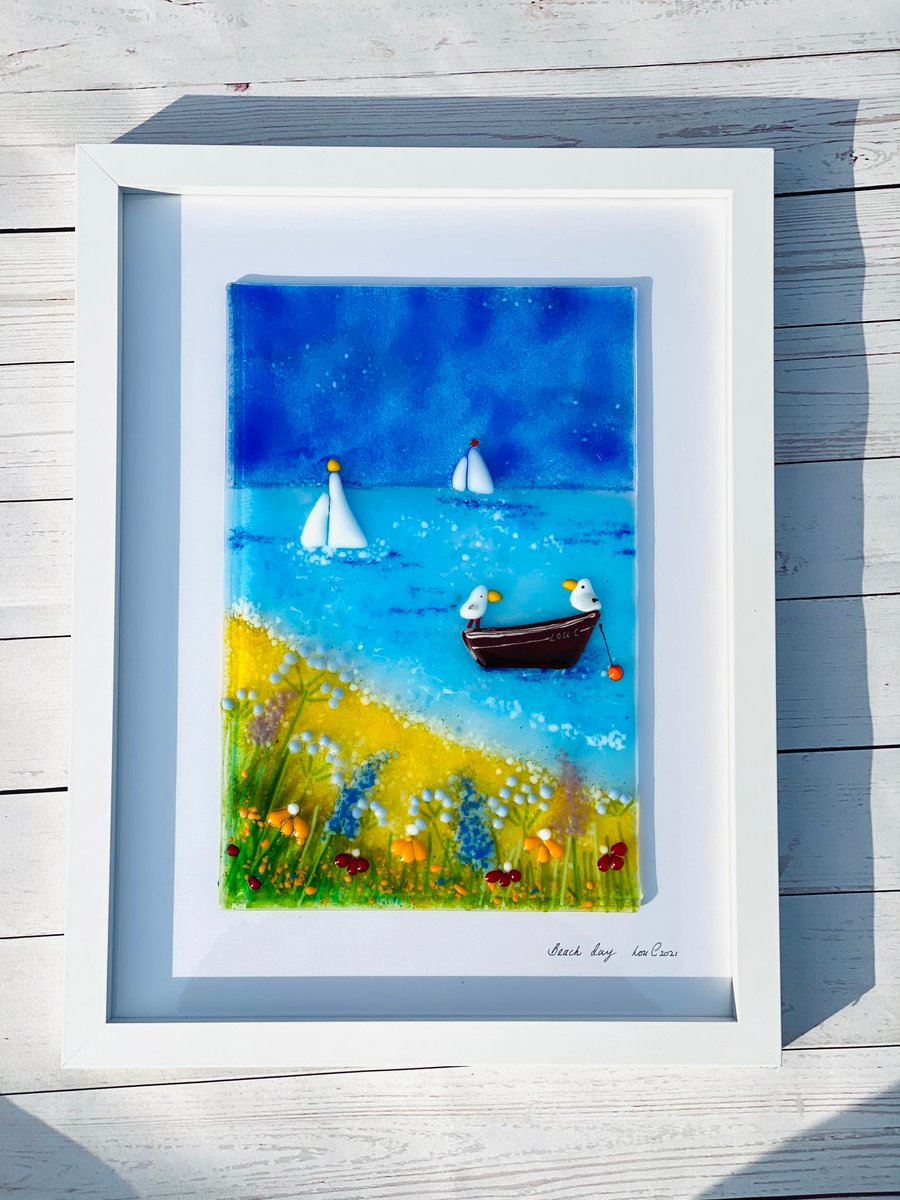 Fused glass art,” beach days” ,glass picture