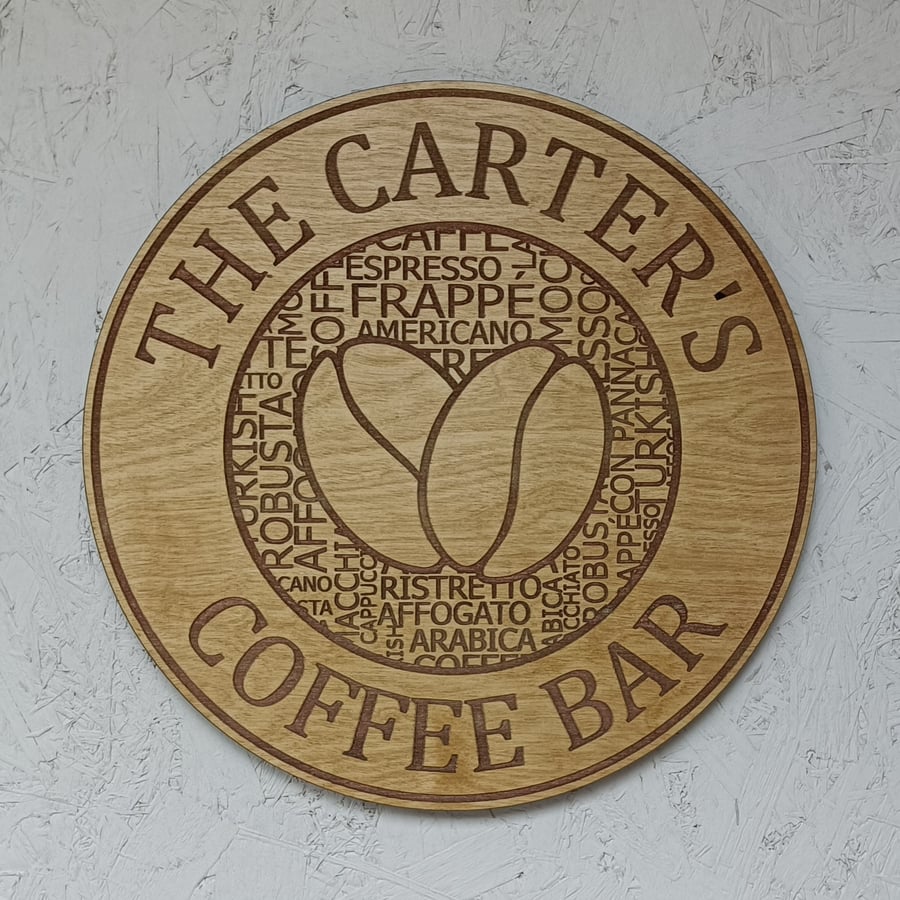 Large personalised engraved coffee sign, Custom kitchen Coffee bean wall art