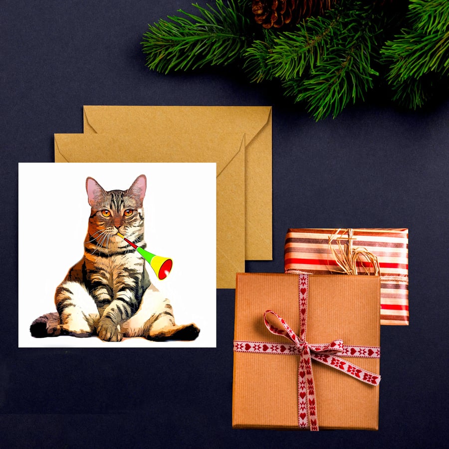 Cat Blowing a Part Horn, Christmas Card, Funny