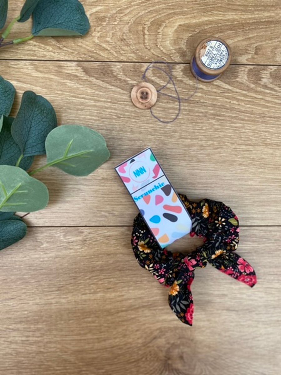 Black Flower, Knot Scrunchie, hair tie
