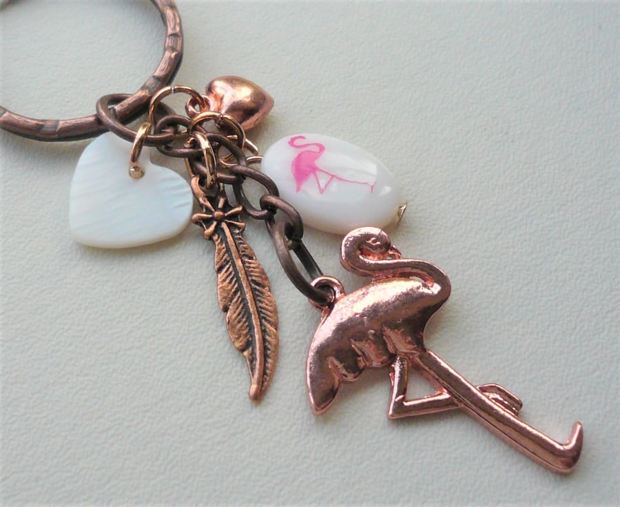 Flamingo Keyring Bag Charm Cream Shell Bead Red Copper Rose Gold Mix  KCJ3658