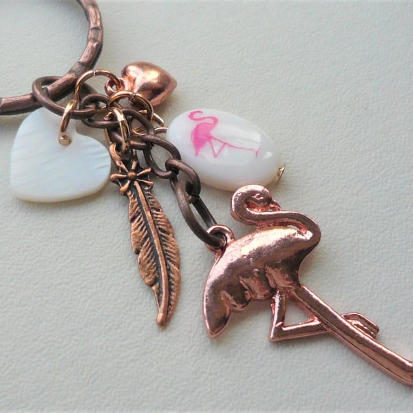 Flamingo Keyring Bag Charm Cream Shell Bead Red Copper Rose Gold Mix  KCJ3658