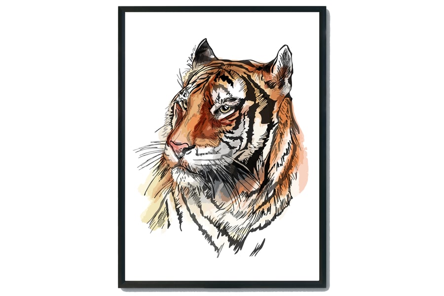 Tiger watercolour print, tiger illustration print, tiger wall art