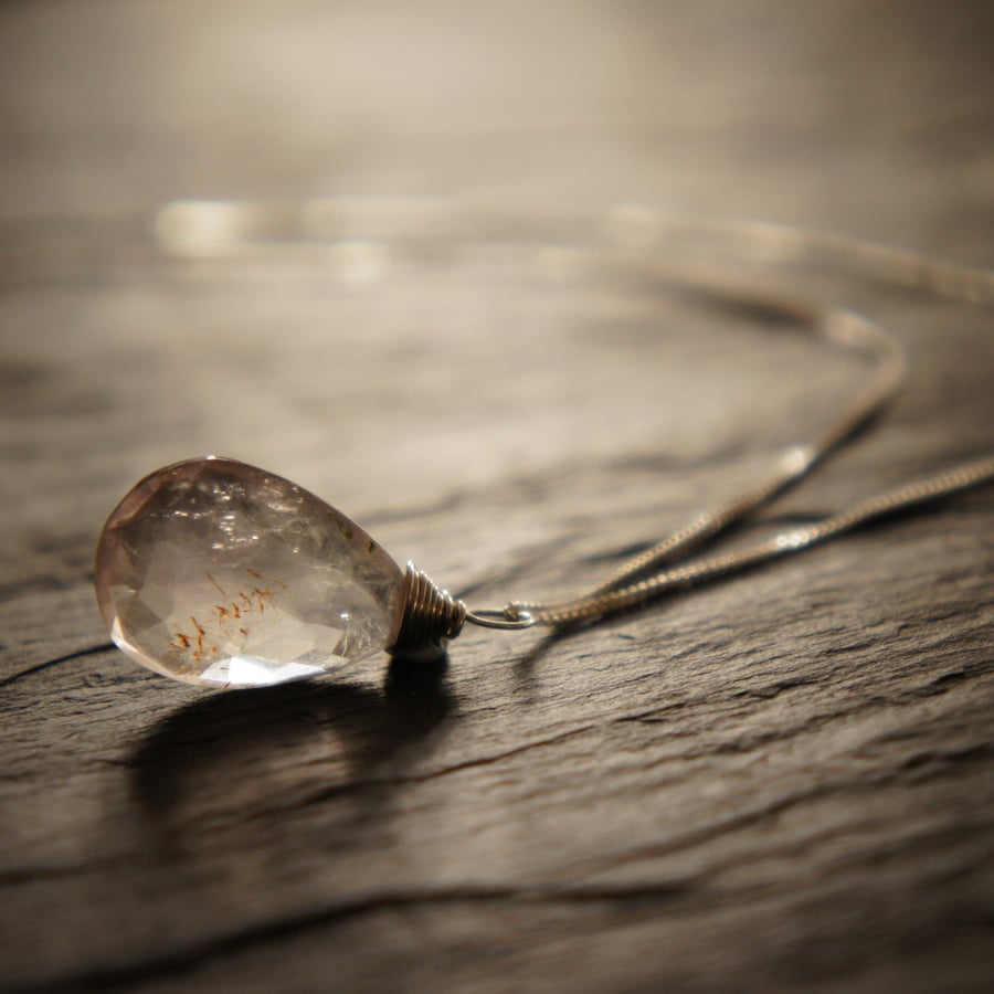 Pale Rutilated Amethyst Briolette Teardrop Silver Pendant 