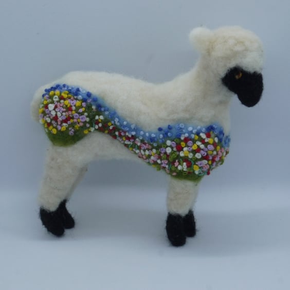 Handmade needle felted and embroidered 'Flower meadow' sheep wire sculpture