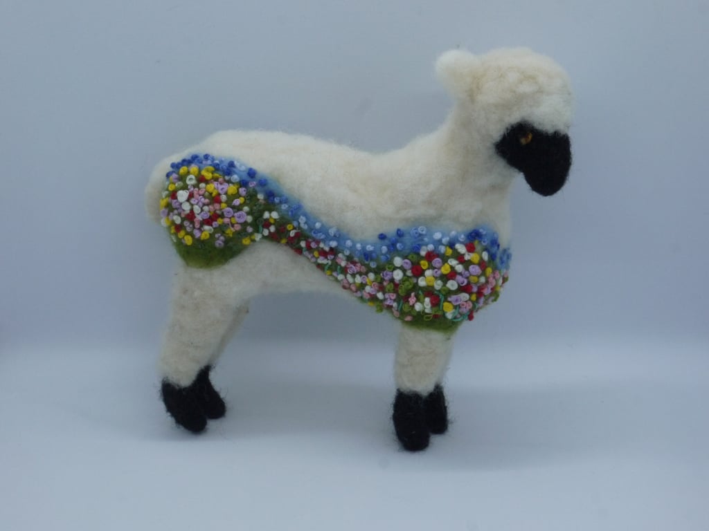Handmade needle felted and embroidered 'Flower meadow' sheep wire sculpture