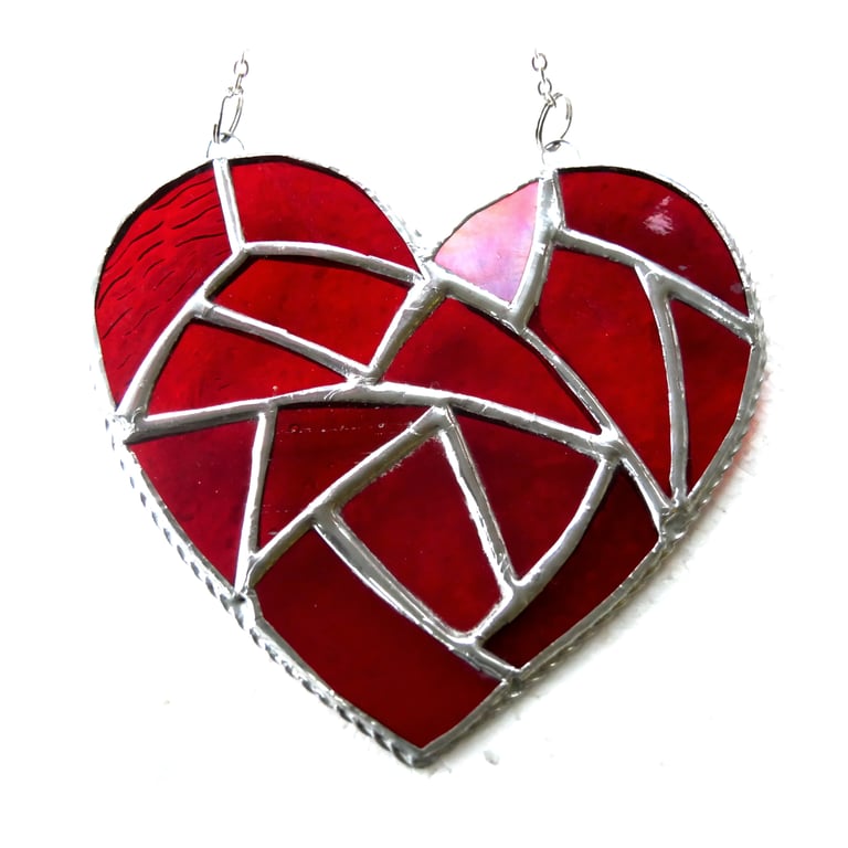 Fat Patchwork Heart Suncatcher Red Stained Glass Handmade 