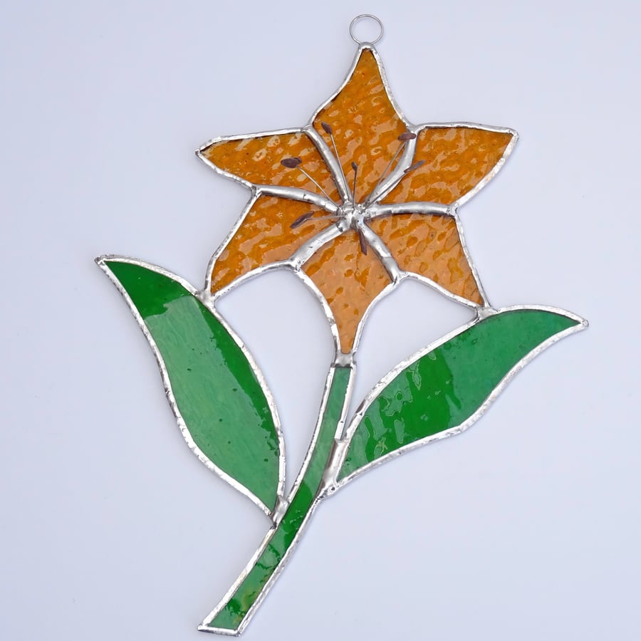 Stained Glass Lilly Suncatcher - Handmade Hanging Decoration - Amber