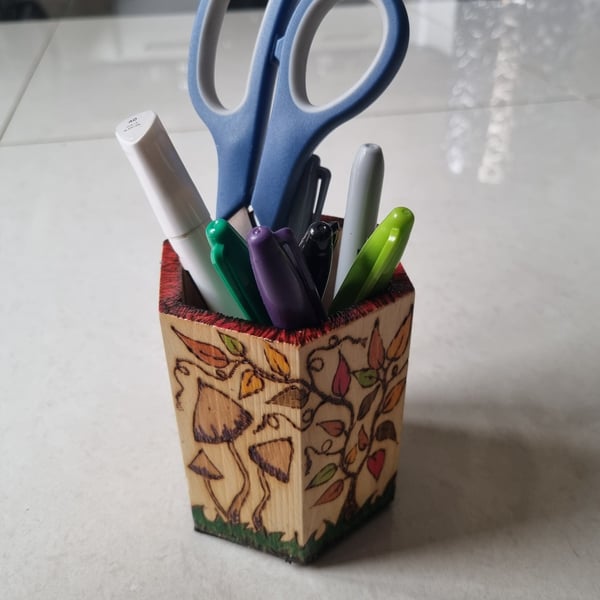 Toadstool mushroom & leaves pencil box pen holder, desk tidy hand painted