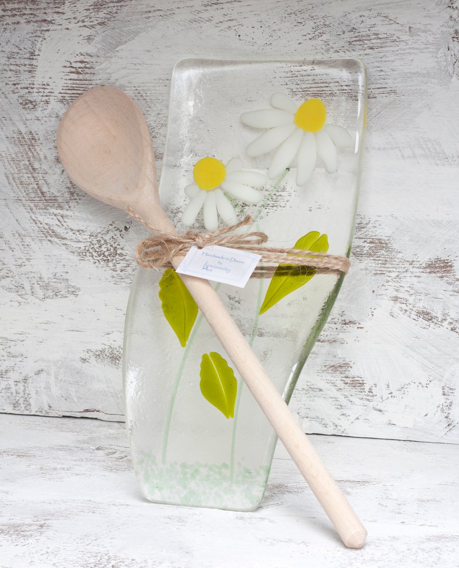 Fused Glass Spoon Rest -  Daisy Design (includes spoon)