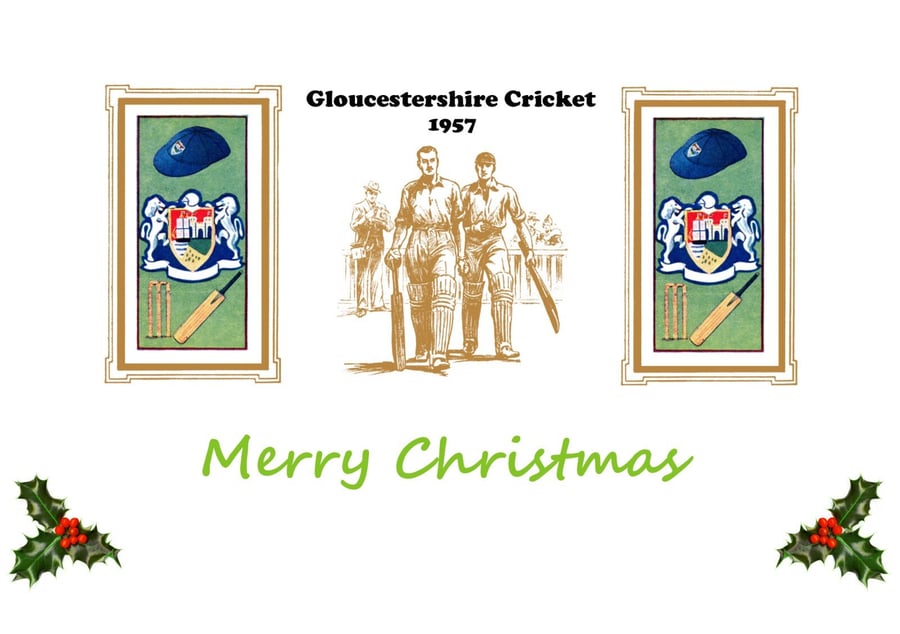 Christmas card cricket vintage 1957 Gloucestershire  badge design. FREE UK P&P