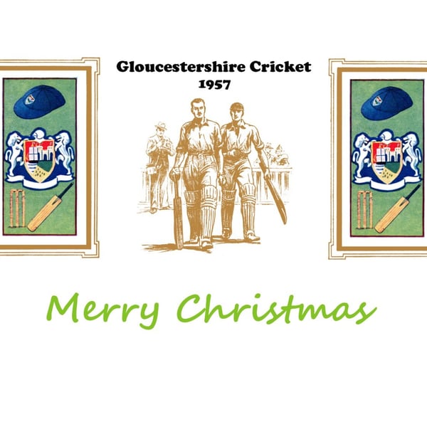 Christmas card cricket vintage 1957 Gloucestershire  badge design. FREE UK P&P