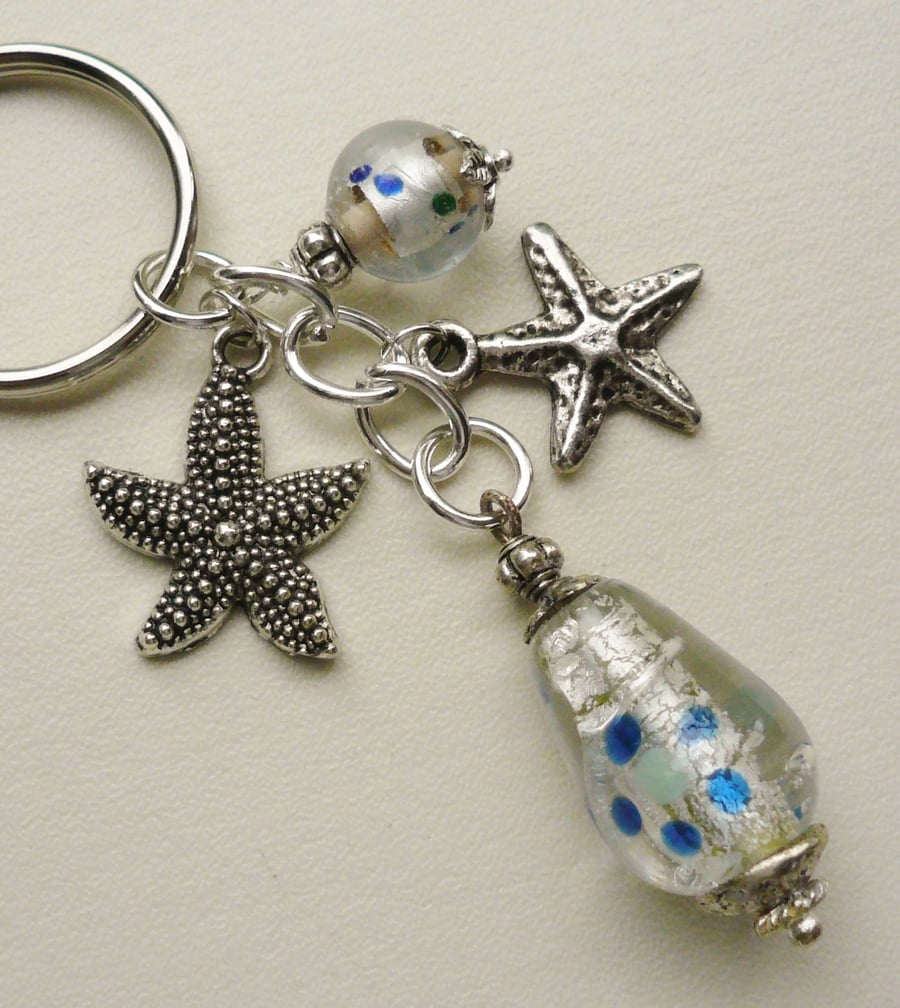 Blue Glass Beaded  Silver Starfish Keyring  KCJ1499