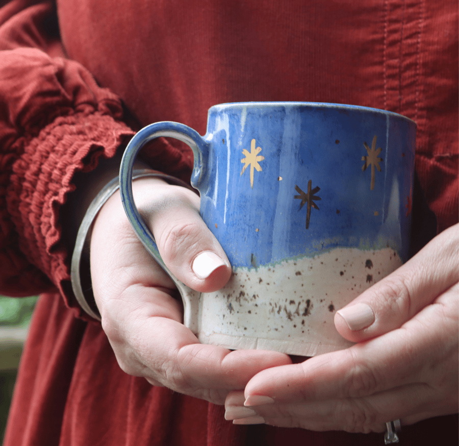 Handmade Star Mug - 22K Gold -Christmas Winter Scene - Starry Night Mug