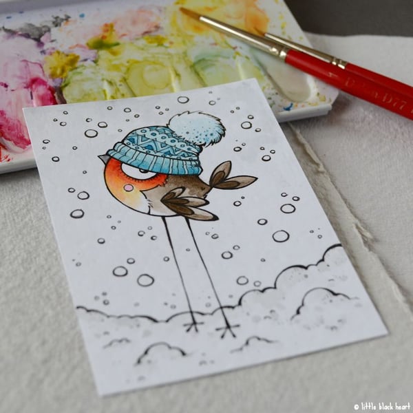 snowy robin in a bobble hat - original aceo