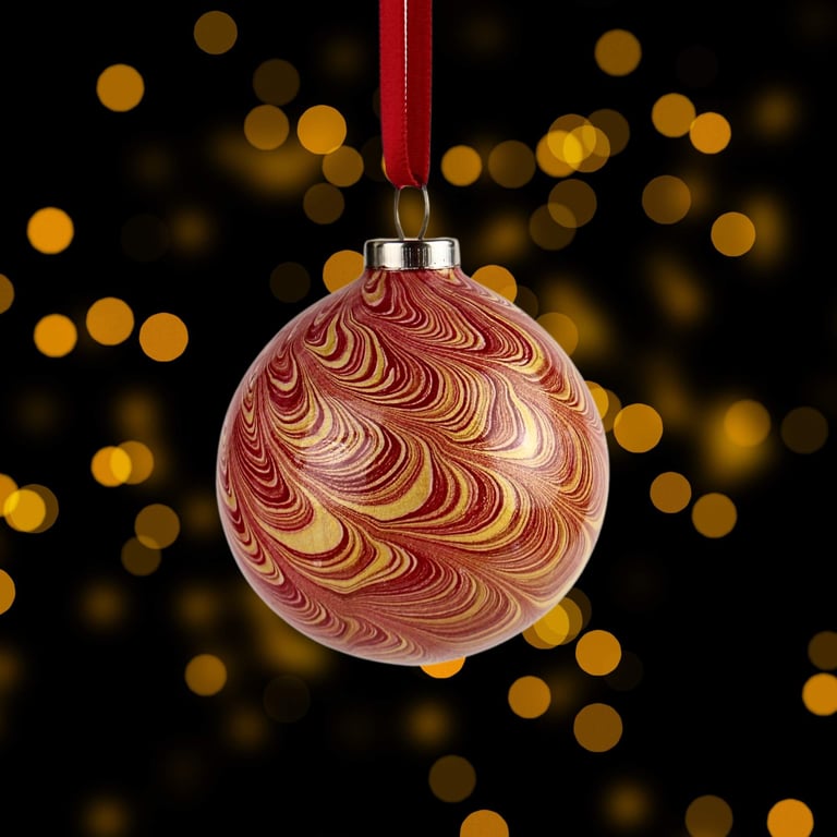 Crimson and gold nonpareil  marbled 5cm round ceramic Christmas bauble 