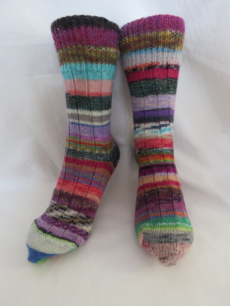 Hand-cranked Frankensox Knitted Ribbed Wool Socks Size 8 to 9