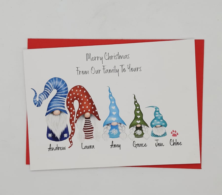 Pack of 5 Personalised Gnome Family cards