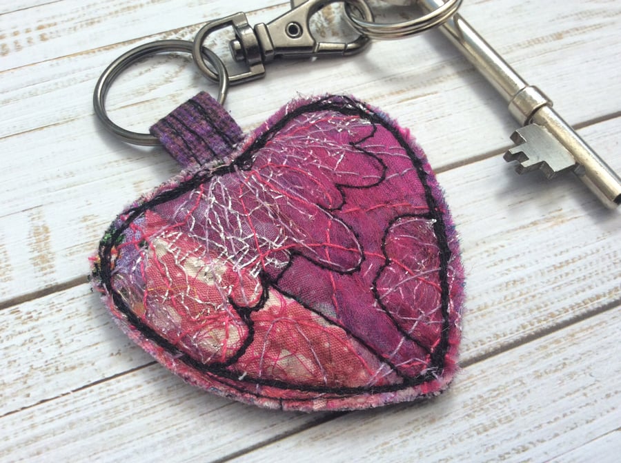 Embroidered up-cycled heart keyring or bag charm.  