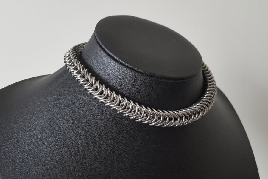 Box Weave 3D Chainmail Link Choker Necklace - Stainless Steel
