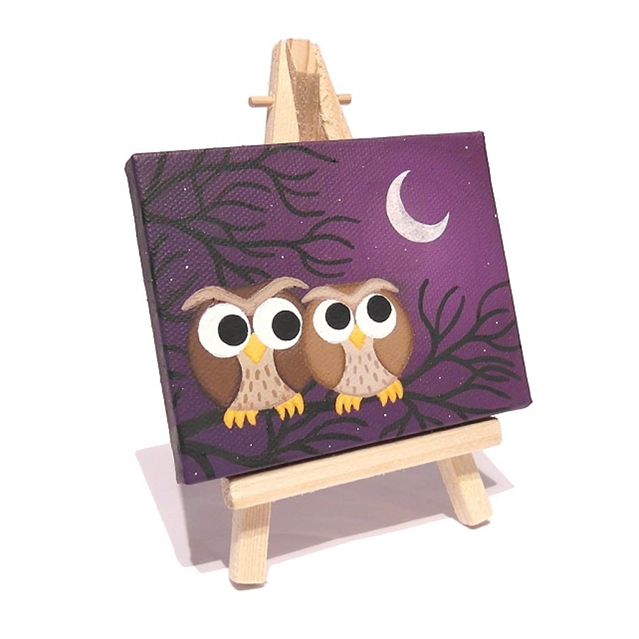 Sold Cute Owls Mini Art - small original acrylic painting of cartoon brown owls
