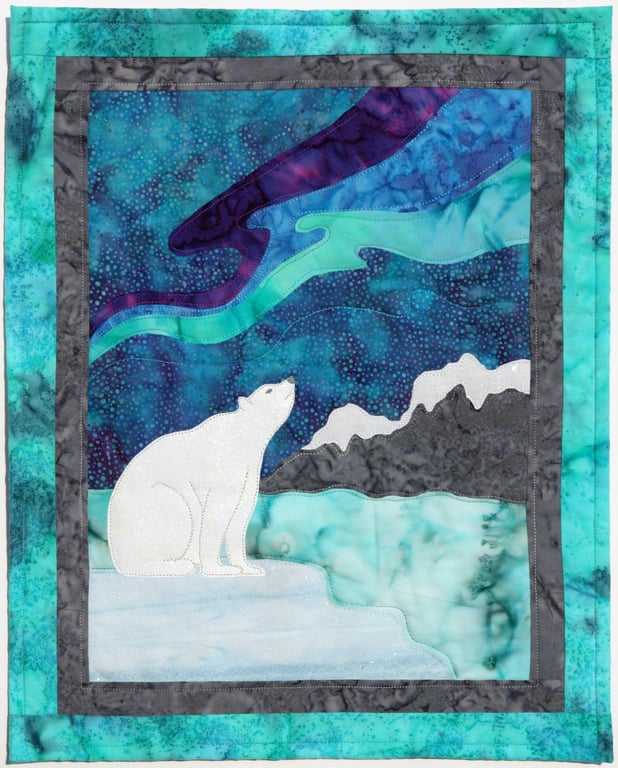 Northern Lights Polar Bear Pattern Art Quilt Wall Hanging 