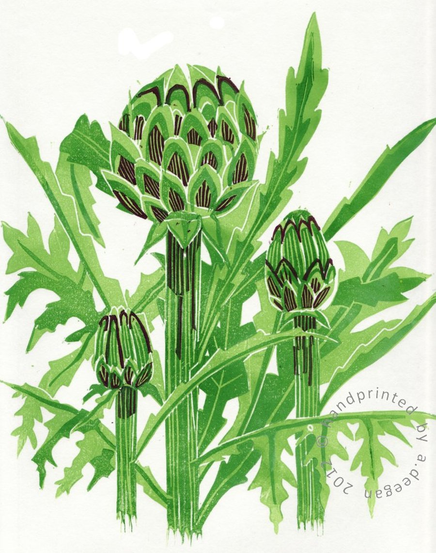 ARTICHOKES - lino print allotment garden vegetable
