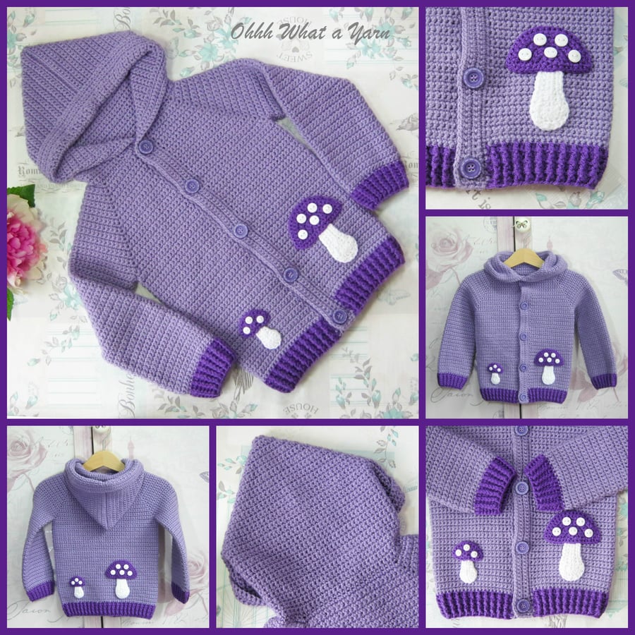 Crochet purple baby hoody. Original design toadstools hoody. Size 1-2 years.