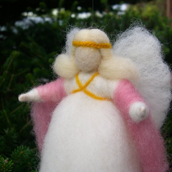 Angel with pink veil - Hanging Needle Felted Decoration