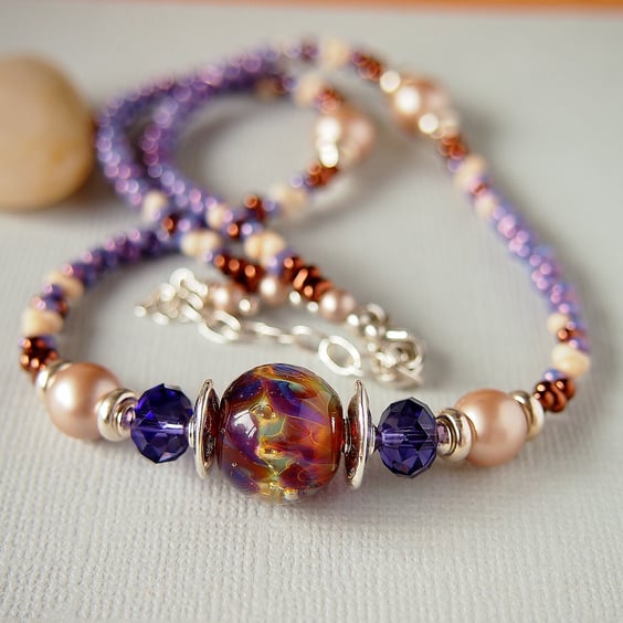 Beaded Glass Necklace - Mauve - Amber - Sterling Silver