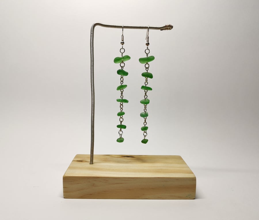 Green seaglass, long dangle earrings