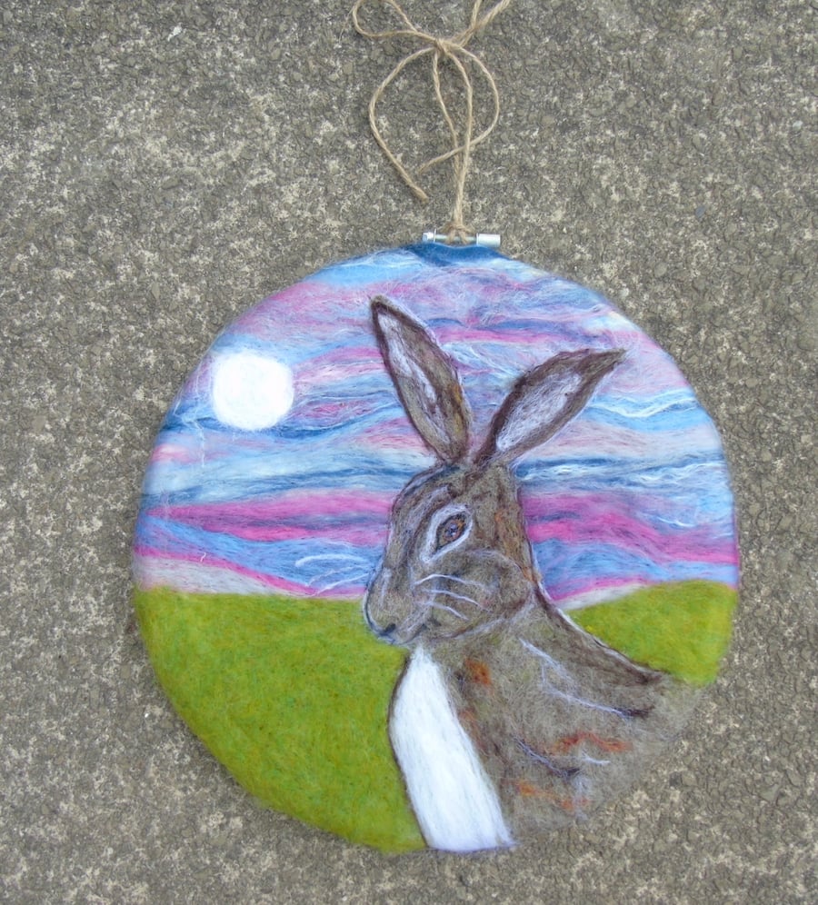 Hare wool art picture, Moon hare embroidery hoop frame, wool fabric, needle felt
