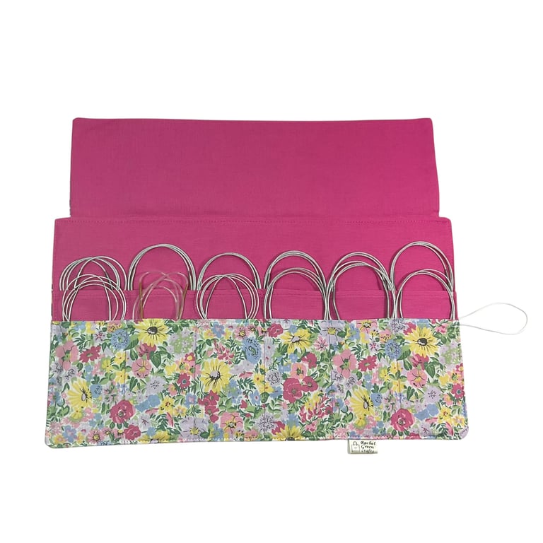 Circular needle case made from Liberty floral fabric, fixed circular sock needle