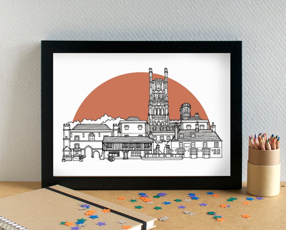 Ely Landmarks Skyline Art Print