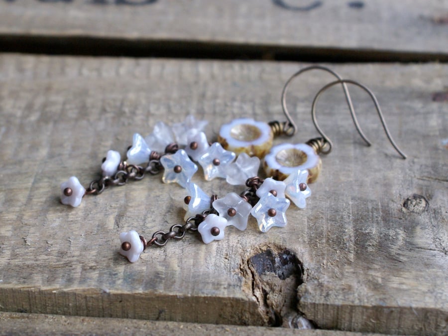 Long Winter White Flower Earrings