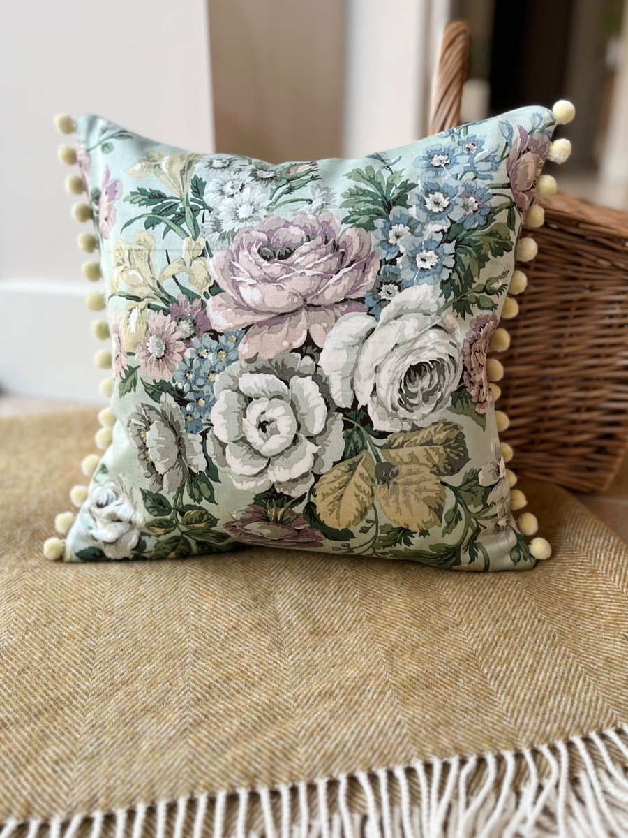 Vintage Sanderson Knowle floral cushion cover with pompom trim